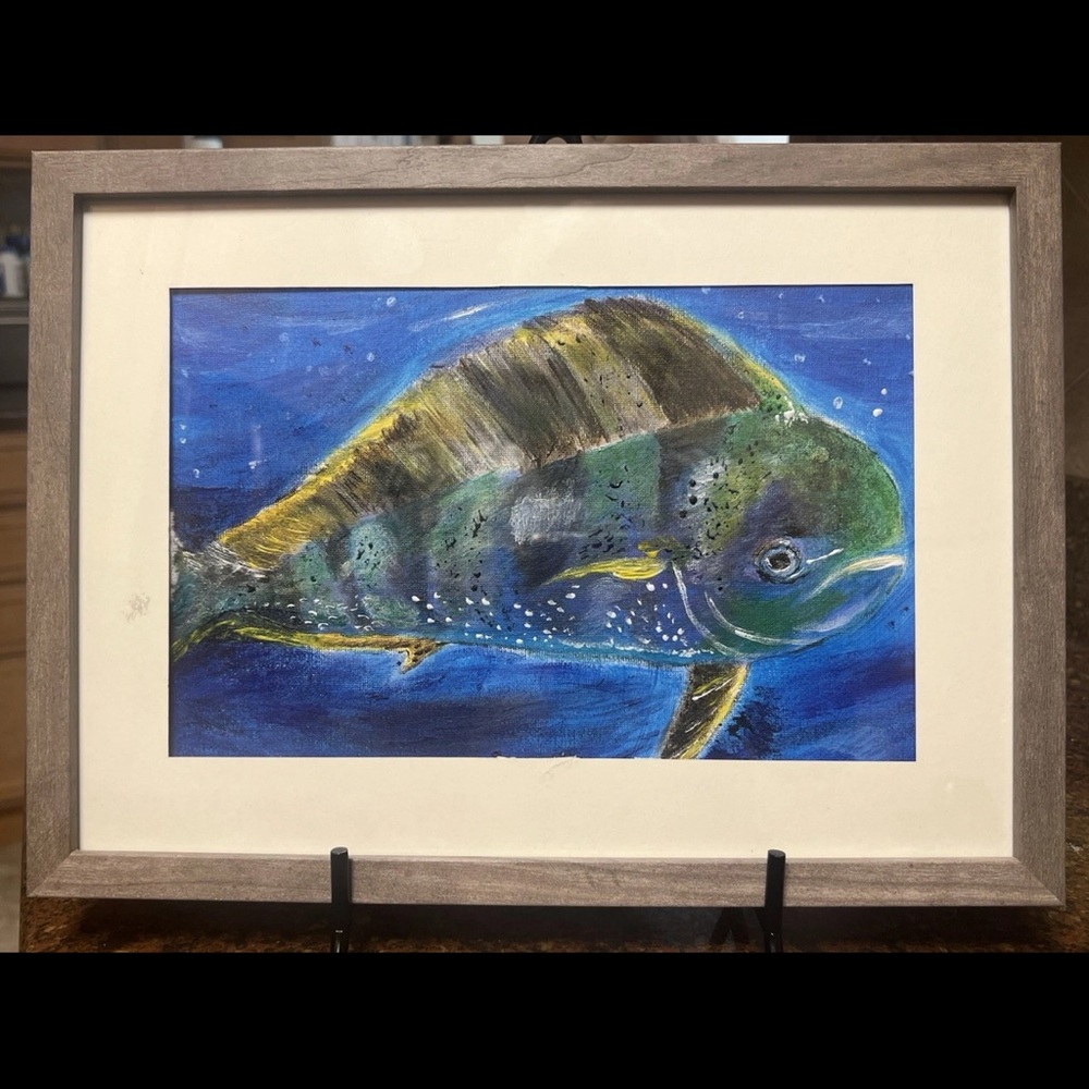 Framed Fish Art Print - Blue and Green mahi mahi dorado oil on canvas arts and